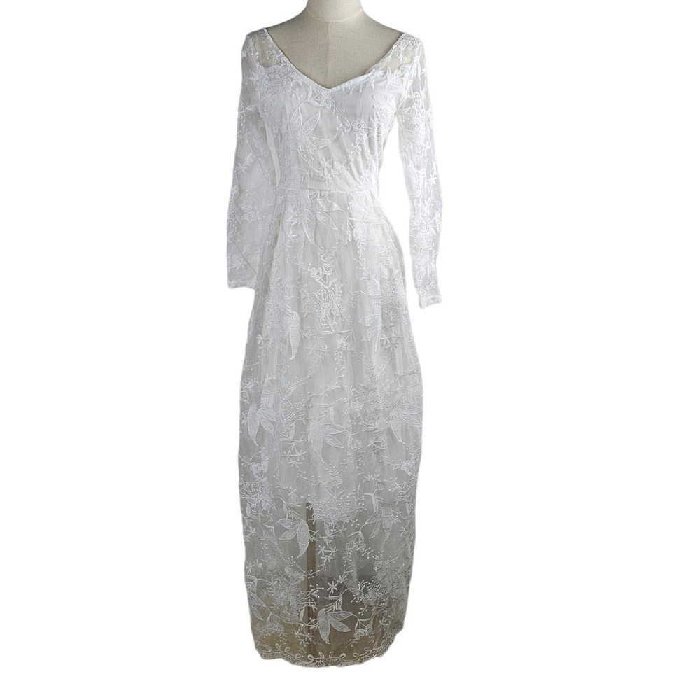 Sheer Embroidered Lace Wedding Bridal Maxi Dress L? White V-Neck